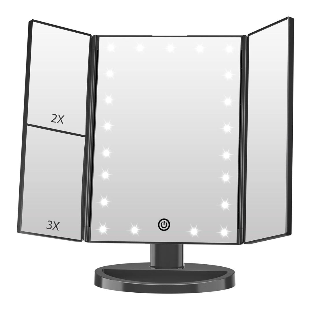 FASCINATE Trifold Vanity Mirror with Lights, Lighted Makeup Mirror 2X/3X Magnification, 21 LED Touch Dimming, Dual Power 180 Rotation Lit Beauty Table Mirror, Make up Mirror with Lighting (White)