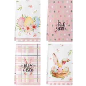 Amandir Easter Bunny Kitchen Towels, Pink Rabbit Ears Eggs Floral Leaves Dish Towels Set of 4, 18x26 Inch Buffalo Plaid Hello Spring Happy Easter Home Tea Bathroom Seasonal Decorations Hand Towels