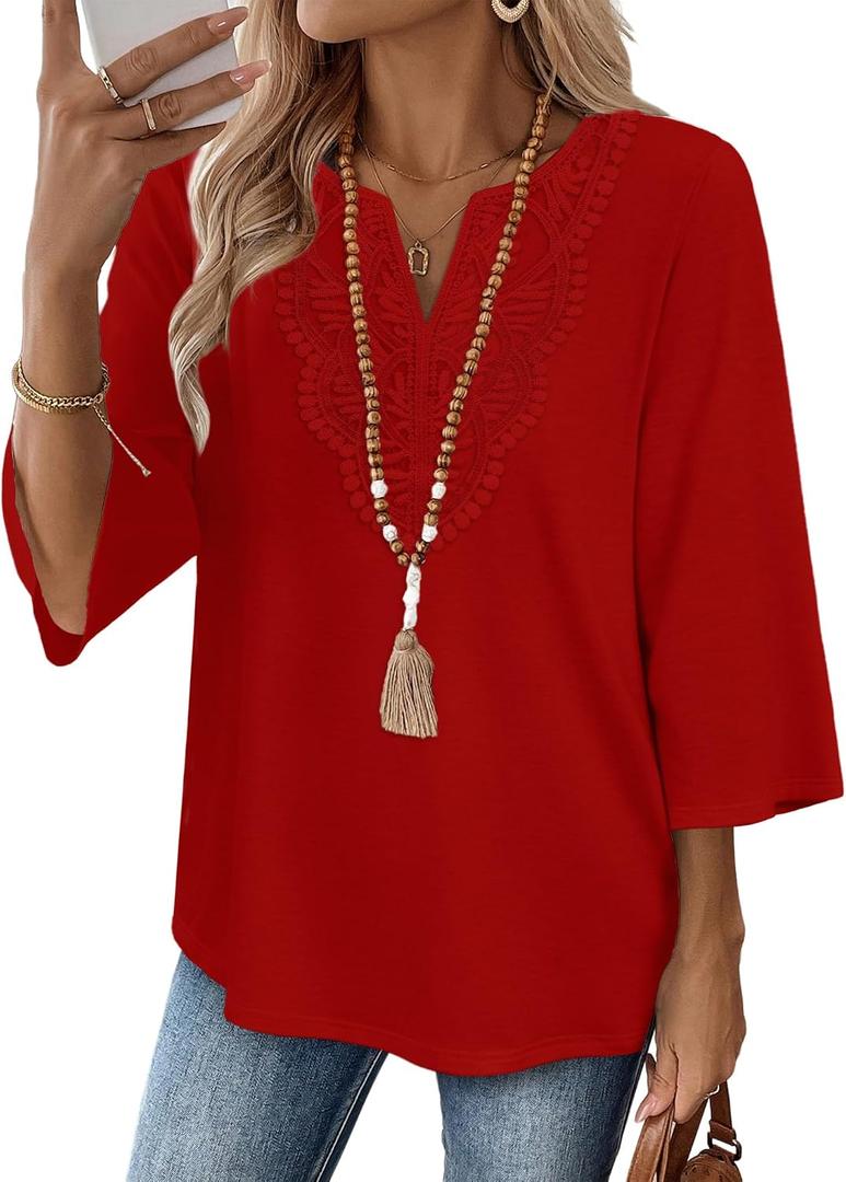 WIHOLL 3/4 Length Sleeve Womens Tops Boho V Neck Lace Shirt Trendy Blouses Dressy Casual Vacation Clothes XL
