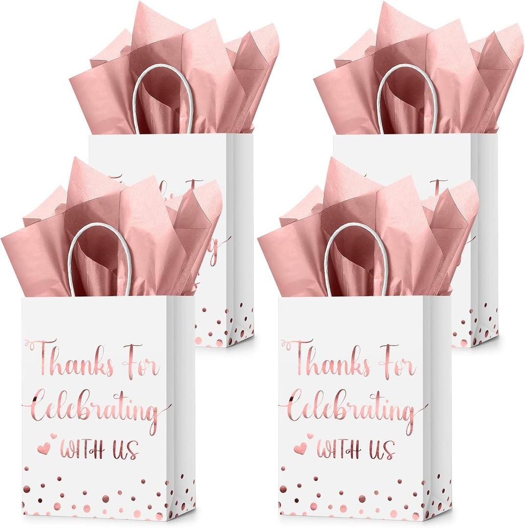 TaoBary 24 Pcs Wedding Gift Bag with Tissue Paper Thanks for Celebrating with Us Paper Bags with Handle for Hotel Guests Wedding Gift Favor for Bridal Shower Party(Rose Gold)