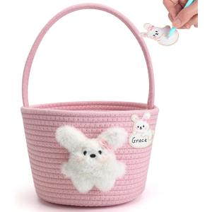 Pink Easter Basket for Kids, Reusable Woven Basket with Handle, Bunny Easter Gift Bag for Girls & Toddlers, Egg Hunt Bag (pink)