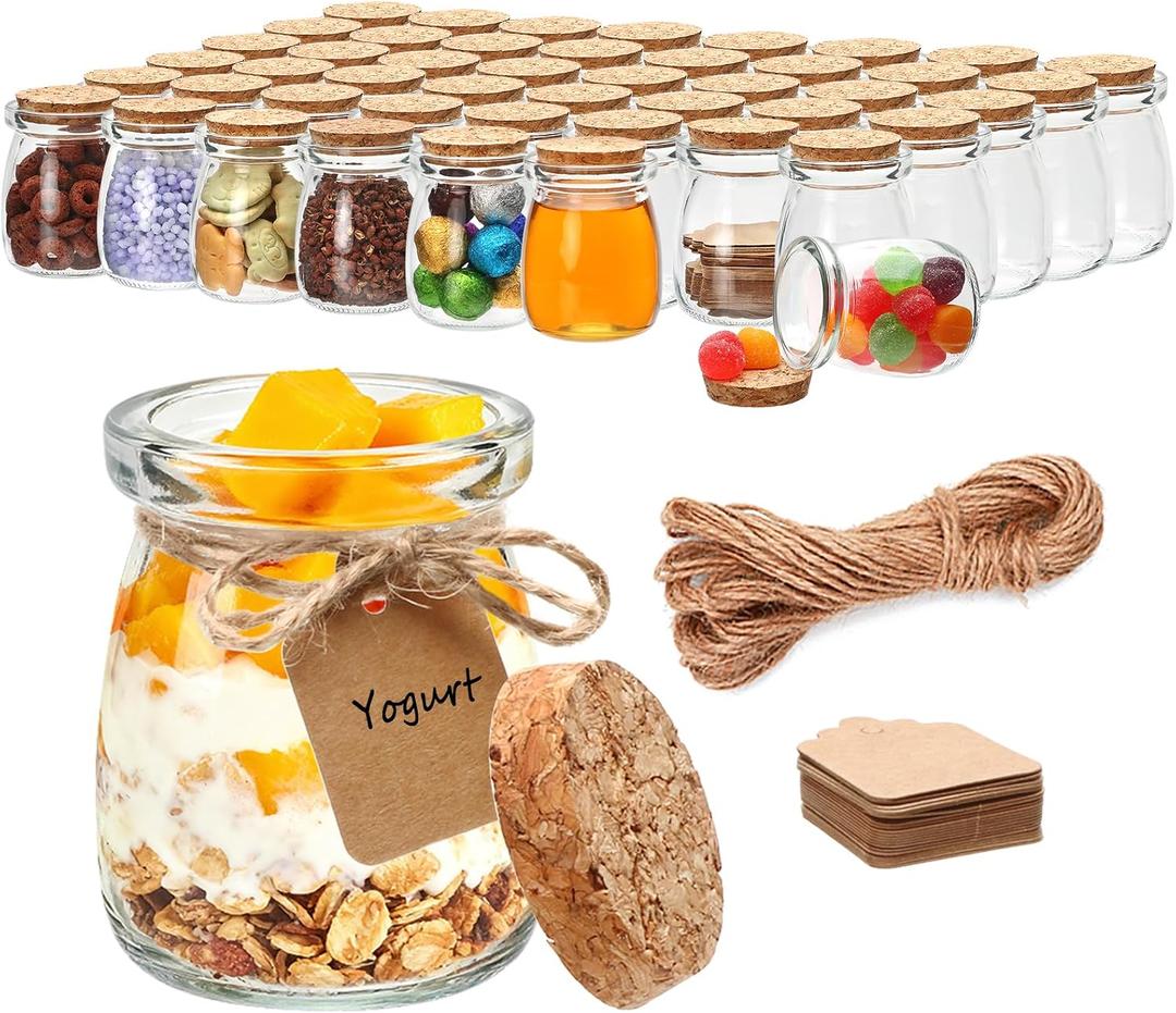 Brajttt 3.4 oz Small Glass Jar with Cork Lids,48 pcs Mini Glass Bottles,Spell Jars with Twine and Labels,Pudding Yogurt Jar for DIY Crafts,Wedding,Gifts,Party Favors,Baby Shower