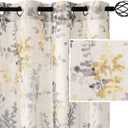 H.VERSAILTEX Sheer Linen Curtains 95 Inch Long Semi Sheer Curtains Draperies for Living Room/Bedroom Vintage Classical Floral Printing Window Treatment Grommet 2 Panels, Yellow and Taupe