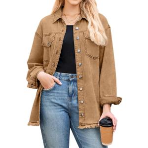 LookbookStore Jean Jacket Women Trendy Oversized Button Down Long Sleeve Frayed Hem Denim Shirt Jackets Distress Shacket