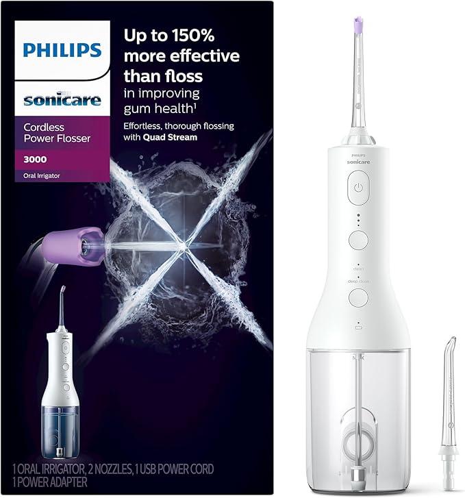 Philips Sonicare Cordless Power Flosser 3000 - Water Flosser with Innovative Quad Stream Technology, Oral Irrigator with 2 Flossing Modes and 3 Pressure Levels, IPX7 Waterproof, White, HX3826/21