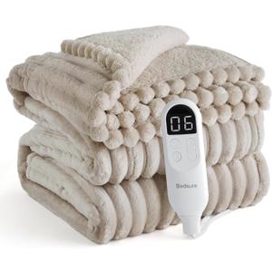 Bedsure Electric Blanket Twin - Thick Striped Flannel Electric Blanket, Heating with 10 Time Settings, 6 Heat Settings, and 8-Hour Timer Auto Shut Off, Gift for Grandma (62x84 inches, Linen)