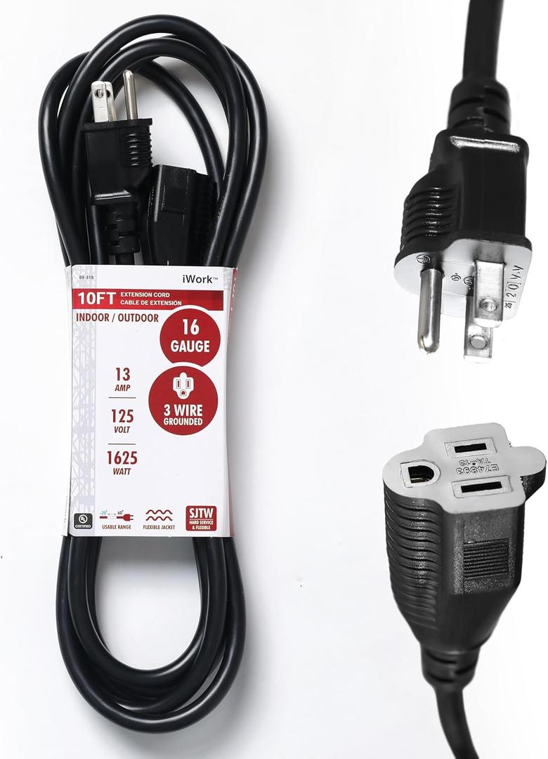 iWork 10ft Black Extension Cord, 16/3 SJTW Heavy-Duty, 10' Cable 3-Prong Grounded Plug, Weather-Resistant Power Strip, UL Listed, 13 Amp/1625 Watt Capacity, 10-Foot Extension Cords for Indoor/Outdoor