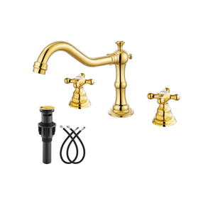gotonovo Bathroom Faucet 3 Hole 8 Inch Widespread Bathroom Sink Faucet 2 Cross Handles Vintage Lavatory Vanity Mixer Tap with Pop Up Drain, HOT Cold Label, Polish Gold