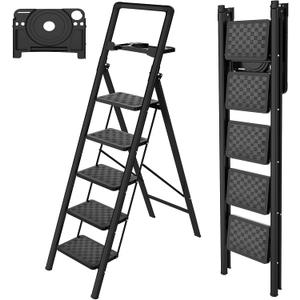 HBTower 5 Step Ladder, Folding Step Stool, Portable Sturdy Steel for Adults with Wide Pedals Home Outdoor Kitchen, Black