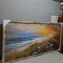 Beach Framed Wooden Wall Art: Sunset Ocean Wave Painting Print Relaxing Coastal Theme Picture Sea Grass Rocky Seascape Artwork Decor for Living Room Bedroom Office