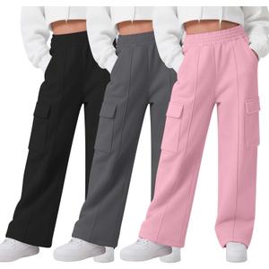 3 Pack Girls Wide Leg Sweatpants Cargo Pants High Waisted Baggy Causal Loose Kids Elastic Waistband Pants Joggers (11-12 Years, Pink, Dark Gray, Black)
