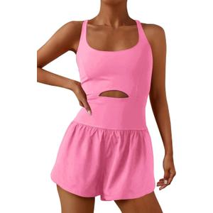 ReachMe Womens Running Onesie Workout Rompers Athletic Romper One Piece Outfits Exercise Jumpsuits Gym Yoga Clothes (Pink, L)