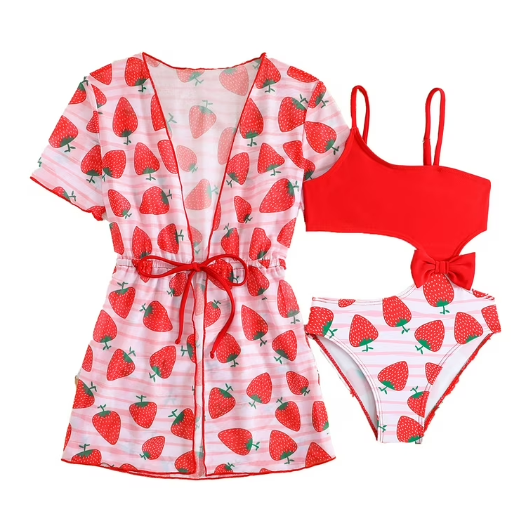 Kids Girl 3 Piece Cover Up Swimsuit Cute Strawberry Print Swim Vest Kimono Set Swimwear 5Y