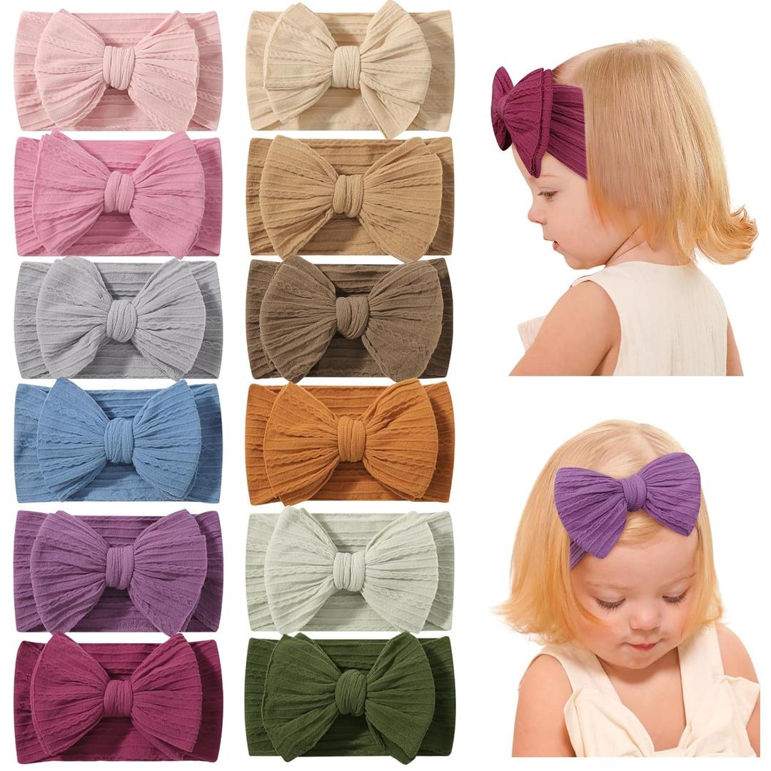 jollybows 12 PCS Baby Nylon Headbands Handmade Wide Baby Girl Bows Headbands Elastics HairBands Hair Accessories for Newborn Infants Toddlers Kids (Multiple colors)