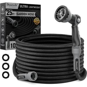 Garden Hose, Flexible Ultra Lightweight Durable, Kink-Free Water Hose with 10 Function Sprayer - Non-Shrinking, Easy to Store, All-Weather, High-Pressure, Black (25 FT)