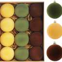 Christmas Ornaments Set of 12, 3.15" Flocked Velvet Balls with Hand Painted Designs, Elegant Christmas Tree Decorations in Gift Box (Brown&green)