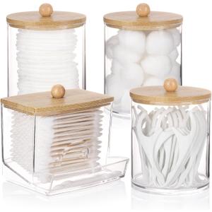 Tbestmax 4 Pack Qtips Dispenser Bathroom Container, 10/12 OZ Cotton Ball Holder, Apothecary Jar Organizer for Storage Cotton Swab, Cotton Round Pads, Floss Picks - Bamboo Lids (Beige)