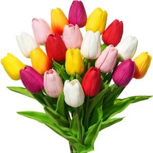 Real Touch Artificial Tulips, 20pcs Fake Tulip Flower Stem, PU Faux Tulip 13.5 for Mother's Day Easter Valentine's Gift, Home Decor, Wedding, Table Centerpiece, Floral Arrangement, Multicolor