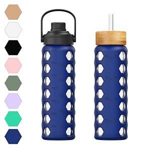 MUKOKO 24oz Glass Water Bottle with 2 Lids-Handle Flip Lid & Bamboo Straw Lid, Motivational Water Tumbler with Time Marker Reminder and Silicone Sleeve, Leakproof - Blue