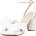 Lovee Cosee Women's Bow Knot Heeled Sandals Pleated Open Toe Ankle Strap Chunky Heels for Bride Wedding 7.5