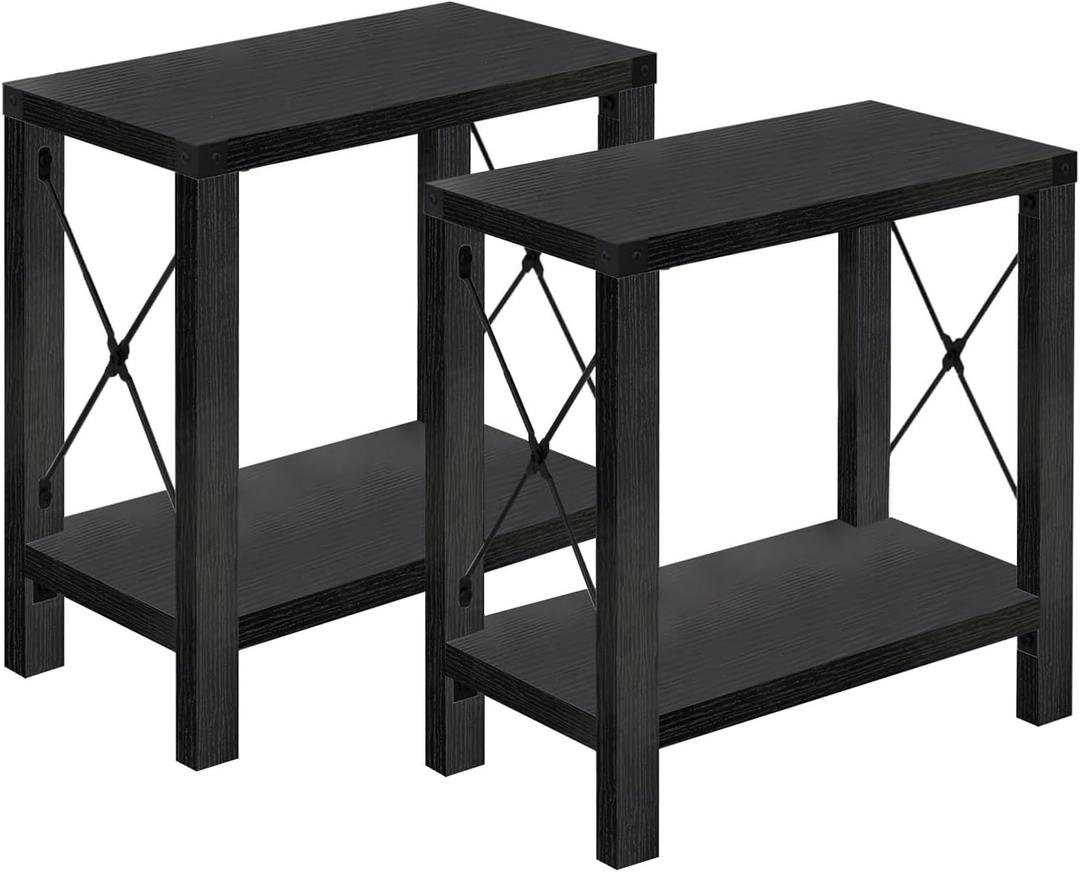 GAZHOME Farmhouse End Table for Small Spaces, Set of 2,Narrow Side End Table with Storage Shelf, Rustic X-Design Nightstand Sofa Table for Living Room, Bedroom Black