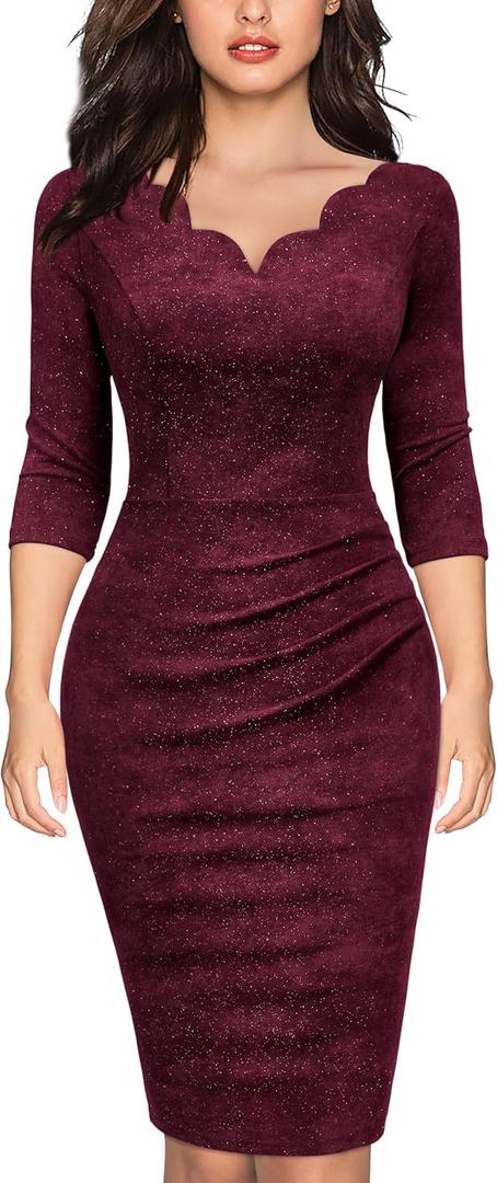 MIUSOL Women's Retro Ruffle Style 3/4 Sleeve Sparkly Cocktail Dress (Red, S)