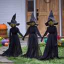 Halloween Decorations, Set of 3 Light Up Witches Holding Hands Witches with StakesVoice Control Witch Glowing Head Waterproof for Outside Garden Statue Decoration Grass Lawn