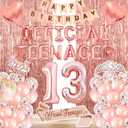 13th Birthday Decorations for Girls, Official Teenager Party Supplies Rose Gold Foil Balloons, Tiara Tassel Curtains Sash Balloons Numbers Banner Cake Topper for 13 Birthday Girl Decorations