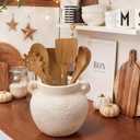 Qinyoung Rustic Kitchen Utensil Holder 6 Inch Small Ceramic Utensil Holder with Handle Vintage Crock Decoration Spatula Organizer for Kitchen Countertop Farmhouse Party Supplies(White,Elegant)