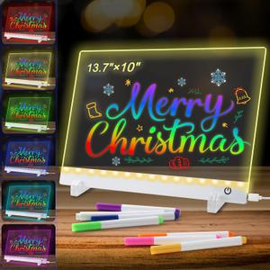 LED Note Board with ColorsLED Drawing Board for Kids, Light Up Acrylic Dry Erase Board with Stand,7 Markers, Rewritable Message Board Creative Fun for Home, Classrooms, Gifts13.7X 10Inch (White)