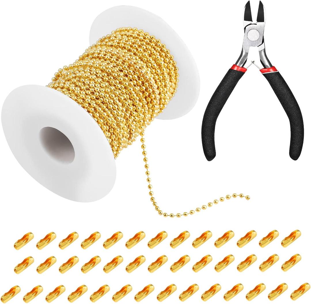 Mudder 65 ft Ball Necklace Chains, 2. 4mm Bead Link Dog Tag Chain Roll with 40 Ball Connectors and Plier for Necklace Hanging Ornament Key Chain Dog Pet Tags (Gold)