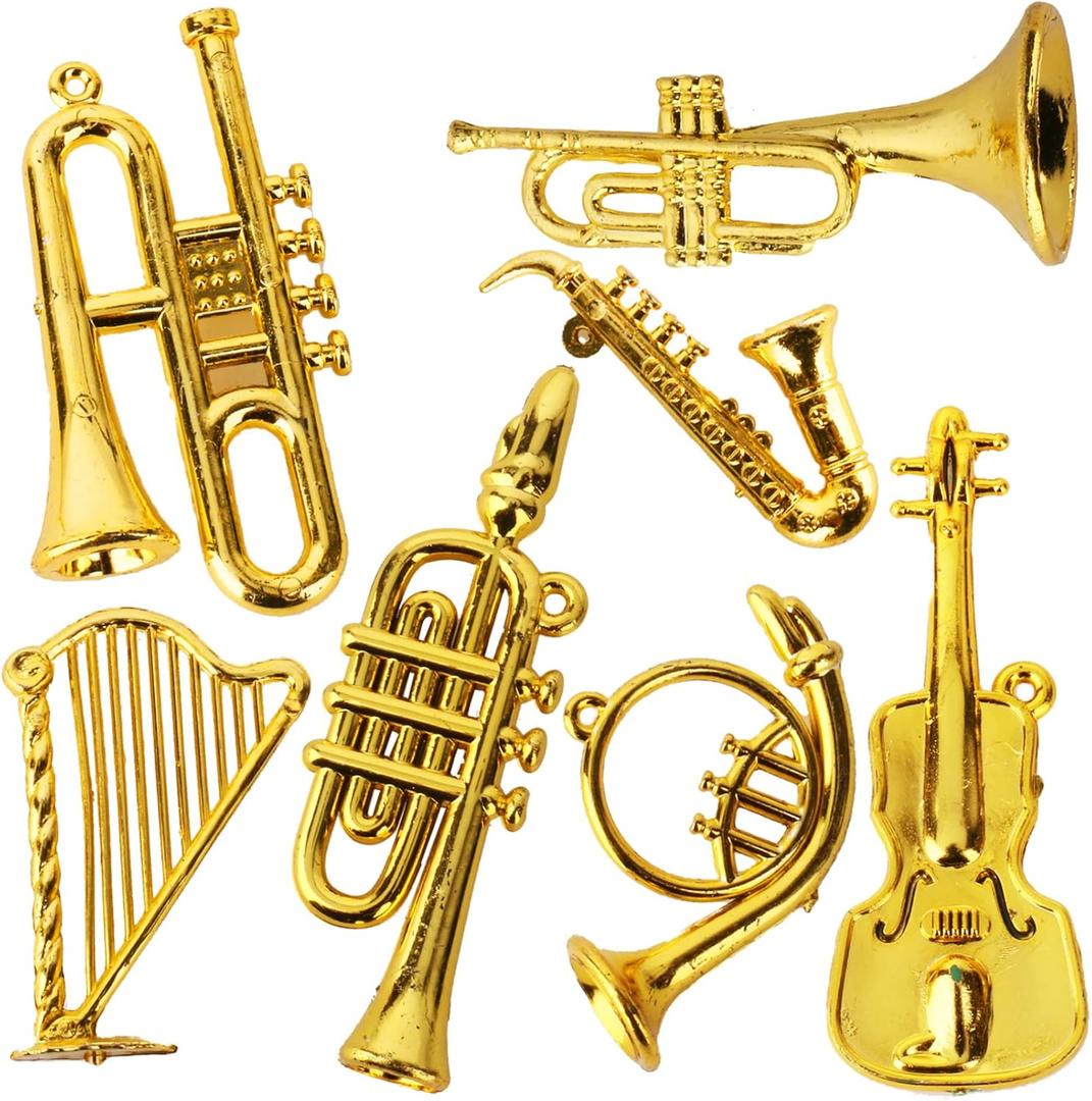 Mini Musical Instruments Set Miniature Musical Instruments Gold Christmas Tree Ornaments Mini Instruments Collection with Tiny Guitar Trumpet Saxophone Dollhouse Accessories Holiday Decorations 7pcs