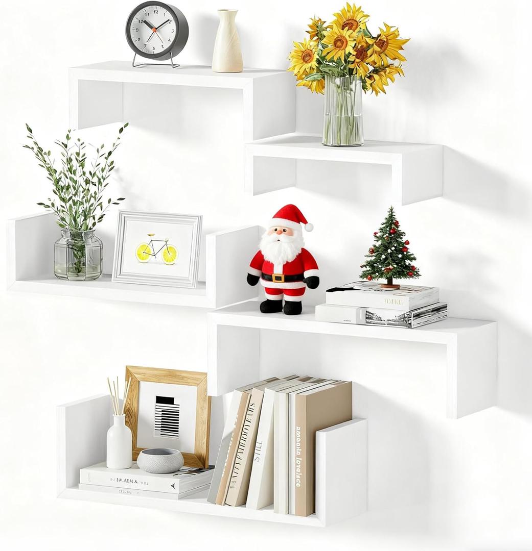 SRIWATANA Floating Shelves for Wall, Wall Shelves for Bathroom, Bedroom, Living Room, Kitchen, Office, Wood Shelves for Home Decor Set of 5 (Washed White)