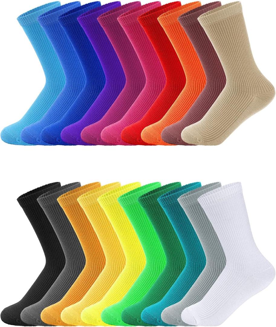 Yaomiao 20 Pairs Colorful Boys Solid Dress Socks Breathable Lightweight Cotton Crew Socks for Casual Athletic Boys Girls
