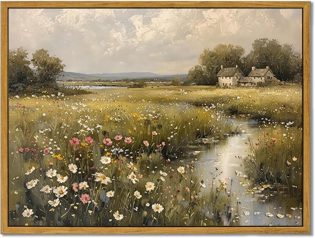 MTFBWY Spring Wildflower Landscape Framed Canvas Wall Art, Vintage Rustic Meadow Field Nature Painting Print, Cottagecore Farmhouse Decor for Bedroom Living Room Kitchen 8x10 Inch