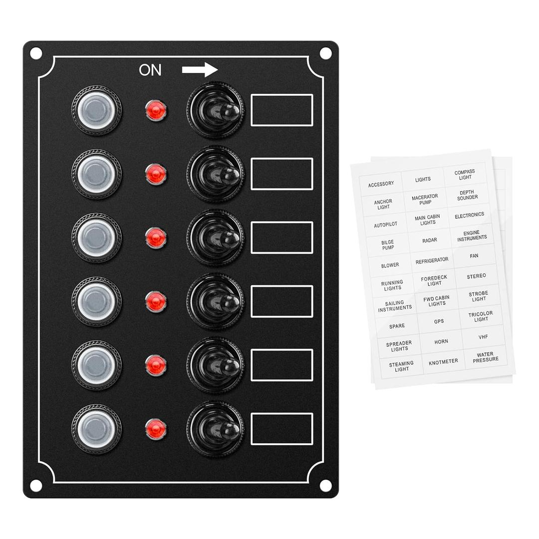 Marine Switch Panel, Haoguo 6 Gang Boat Electrical Panel with Breaker, IP67 Waterproof, Applicable to Boats Yachts Entertainment Boats