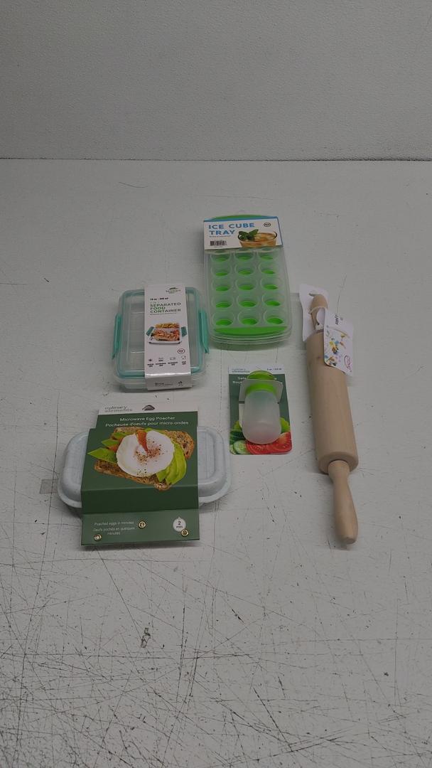 Set of 5: Biosmart Separated Food Container + Culinary Elements Microwave Egg Poacher + Silicone Ice Tray + Culinary Elements Salad Dressing Tote 2Oz + Wooden Rolling Pin