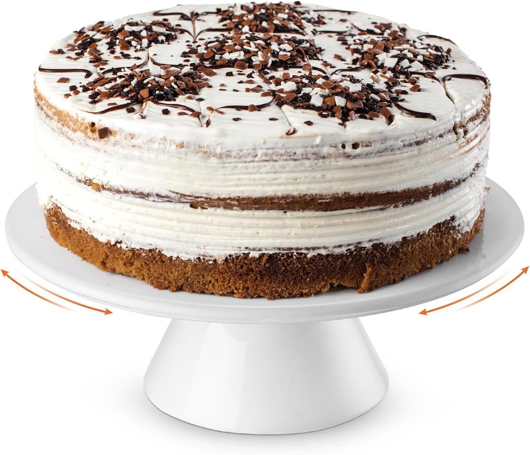 Nucookery 10 Inches Rotating Cake Stand for Party, Ceramic Dessert Stand Turntable for Cake Decorating, Spinner Decorative Cupcake Stand, Round Cake Plate, White