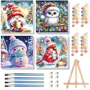 4 Pack Christmas Paint by Number for Kids with Wooden Frame, Paint by Numbers for Kids Xmas Ages 4-8-12, Easy Cardinal Gnome Snowmen Owl DIY Acrylic Oil Painting Kits for Home Wall Decor (8X8 inch)