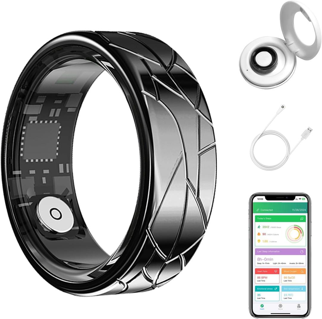 Smart Ring Health Tracker for Women Men, Heart Rate/Blood Oxygen/Sleep Tracker/Step Counter, Fitness Ring with Magnetic Charging Case, 5ATM Waterproof for iOS & Android, No Subscription Fee- Black 10