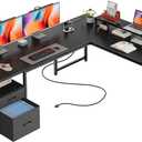 PRAISUN 63 Inch L Shaped Desk with Power Outlets and USB-C Port, Computer Corner Home Office Desk with File Fabric Drawers and Movable Monitor Stand, Larger Storage, Gaming, Writing, Work, Black