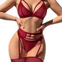 popiv Women's Sexy Lingerie Set with Garter Belt Matching Bra and Panty Lingeries Sets 4 Piece (Small, Red)