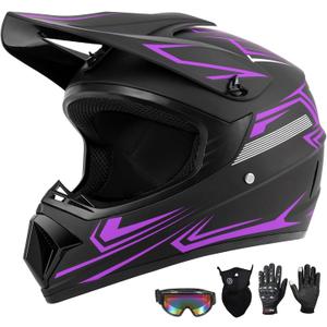 Youth Kids Dirt Bike Motocross Helmet (Goggles Gloves Face Mask) 4PCS Set, DOT Approved Girls Full Face Motorcycle Helmets, ATV BMX MX Mountain Bike Off Road Kid Helmet (Purple, M)