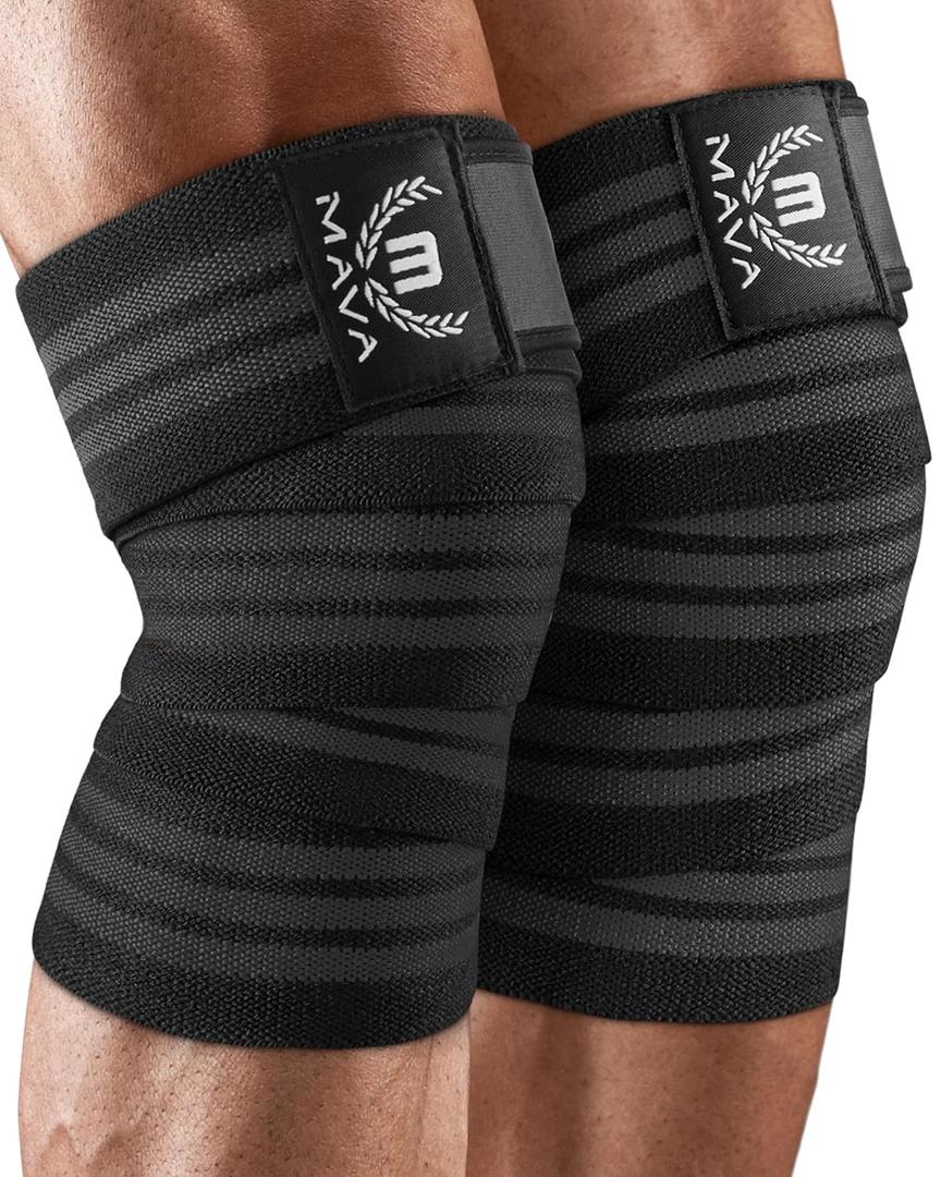 Mava Sports Knee Wraps (Pair) for Men & Women | Ideal for Cross Training, WODs, Gym Workouts, Weightlifting, Fitness & Powerlifting | Knee Straps for Squats | 72" Compression & Elastic Support (Black)