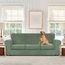 WEERRW 4 Pieces Velvet High Stretch Couch Covers for 3 Cushion Couch Sofa Slipcovers, Washable Furniture Protector with Non Slip Elastic Bottom, Feature Soft Plush Fabric, Greyish Green, Large