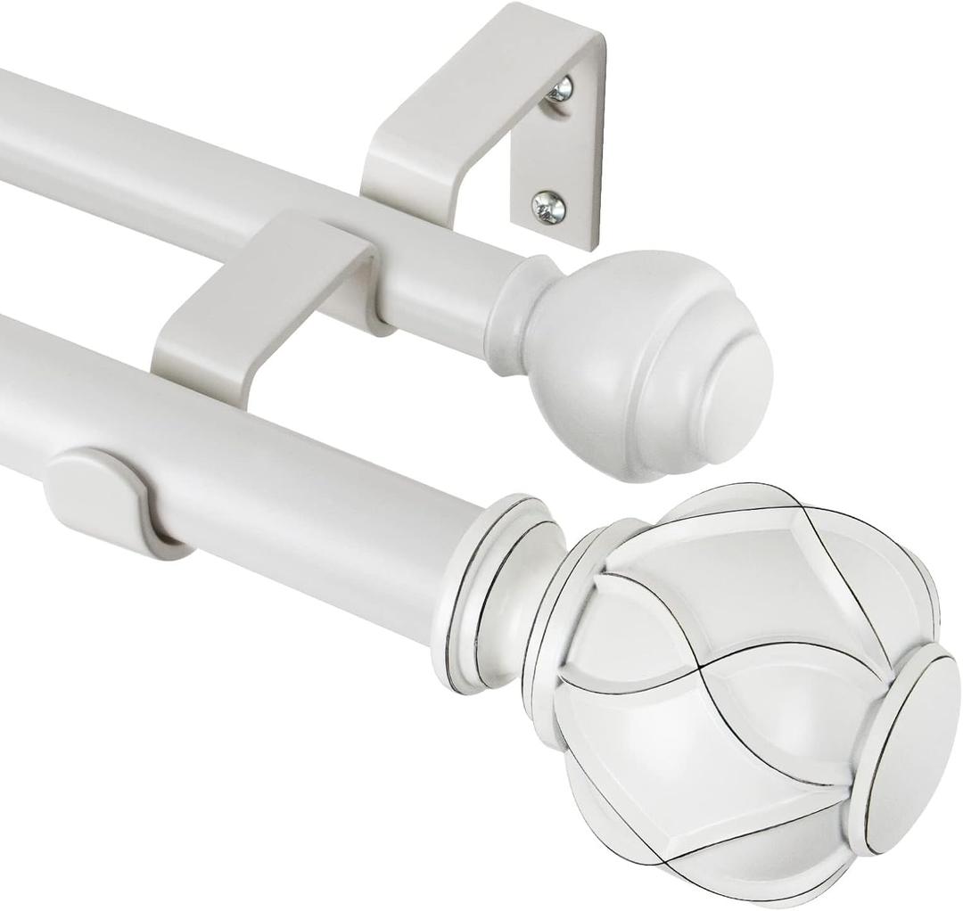 KAMANINA 1 Inch Double Curtain Rods for Windows 66 to 120 Inches ((5.5-10 Feet), Ivory White Heavy Duty Double Curtain Rod, Telescoping Drapery Rod with Netted Texture Finials