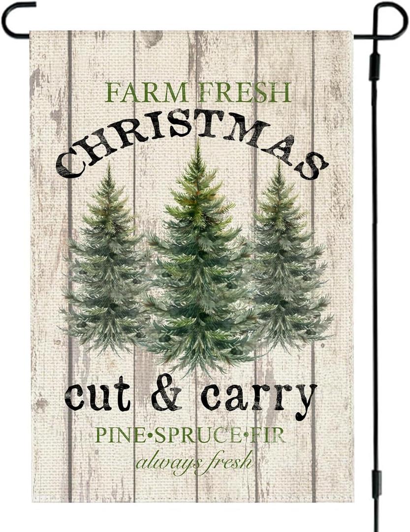 Farm Fresh Christmas Tree Garden Flag 12x18 Inch Double Sided Outside, Rustic Farmhouse Xmas Winter Holiday Outdoor Seasonal Yard Porch Decoration (Green)