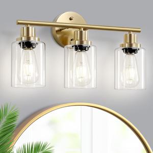 3-Light Brushed Gold Vanity Lights, E26 Modern Bathroom Light Fixtures with Clear Glass Shade, Wall Lamps for Mirror Kitchen Hallway Cabinet Living Room Sconces Lights