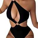 Hilinker Women's Sexy Ring Front Cut Out One Piece Swimsuit Halter Bathing Suit S-Black Small