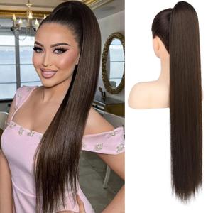 FLUFYMOOZ ponytail extension, 30 Inch Long Straight Drawstring Ponytail Synthetic Hairpieces Fake Pony Tails Natural Soft Clip in Hair Extension ponytail for Women (Dark Chocolate Brown)